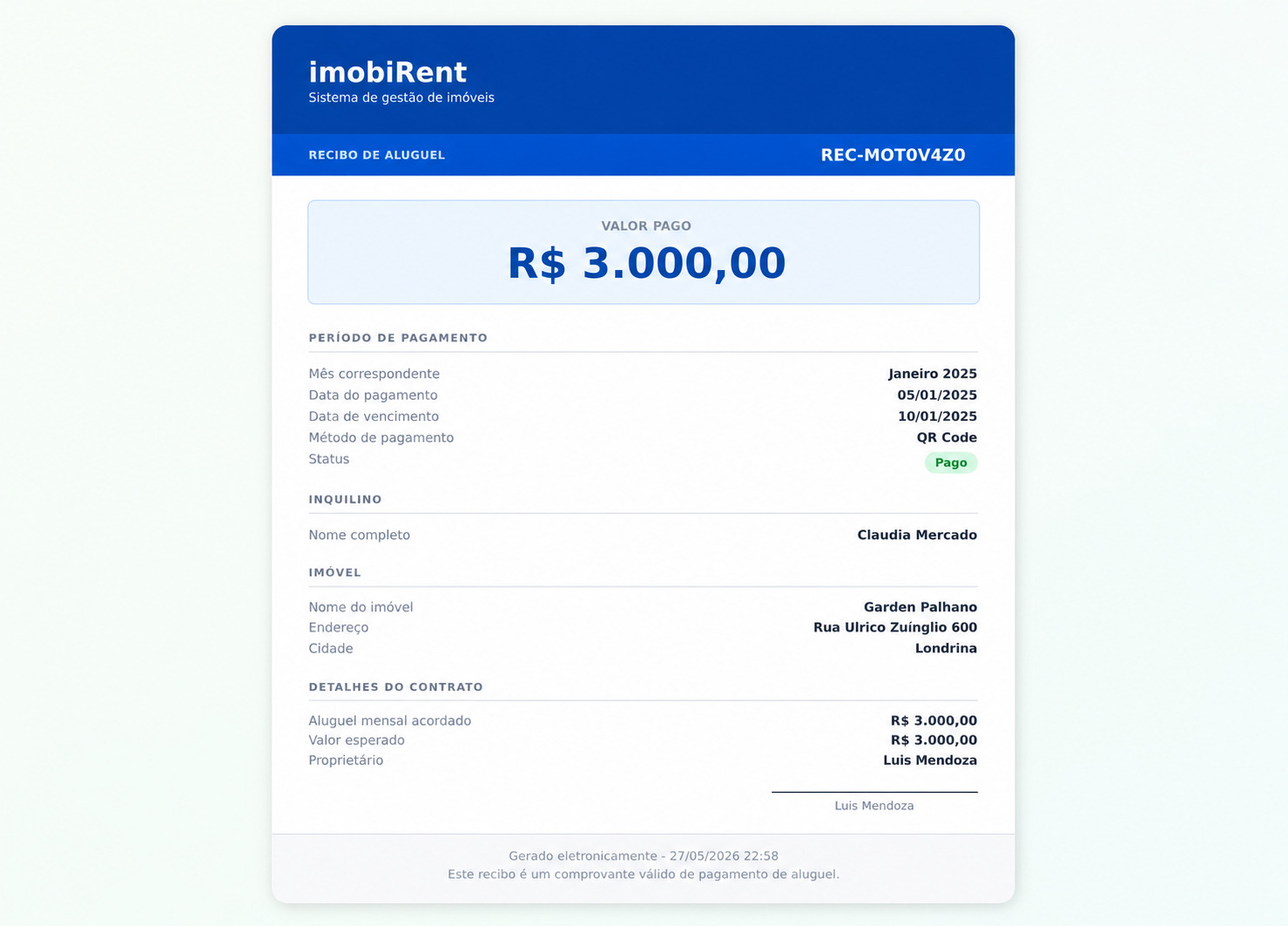 Recibo de aluguel gerado pelo imobiRent